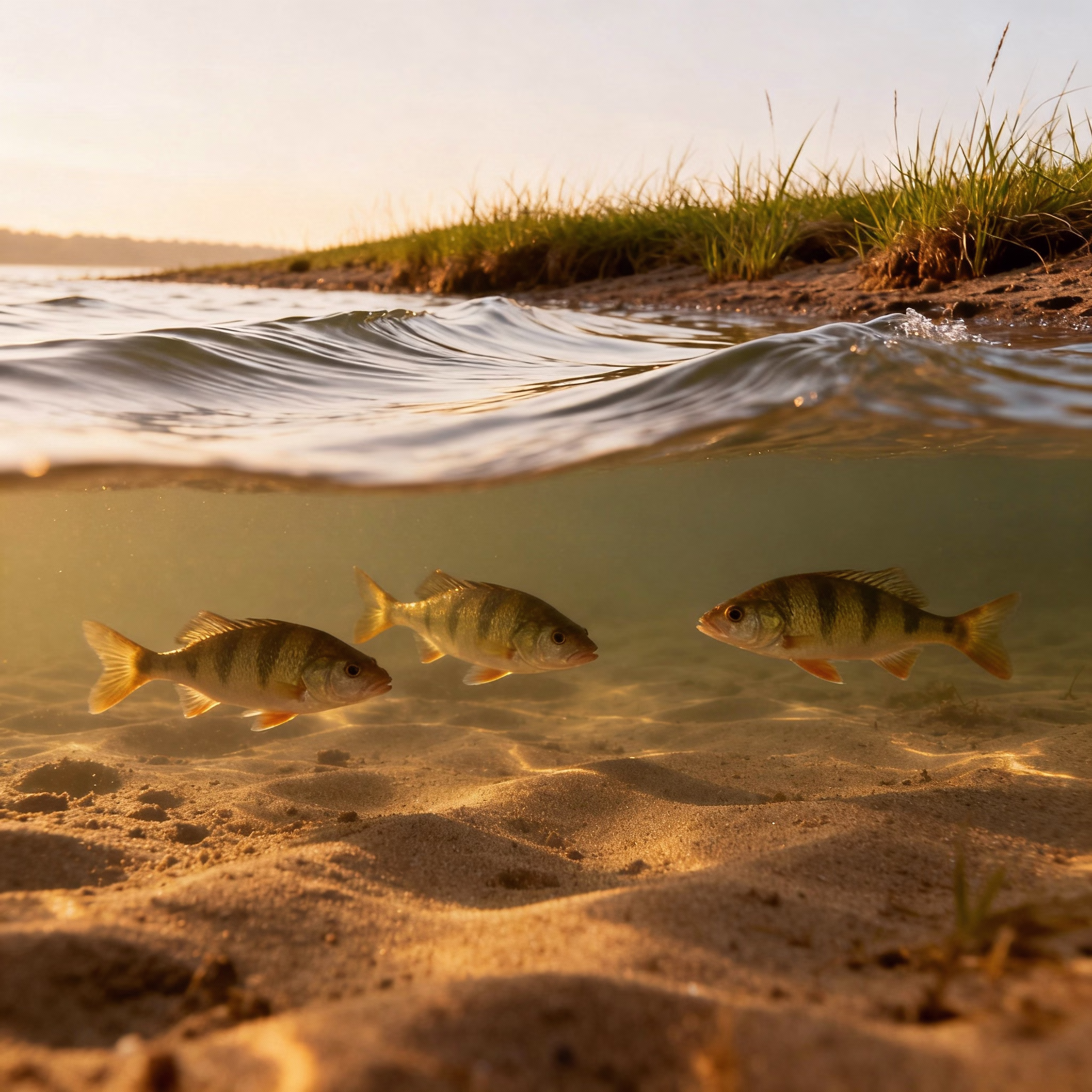 3 Barsche über Sandgrund im Morgenlicht, Grasfleck am Ufer, Wellen bei 45° Wind