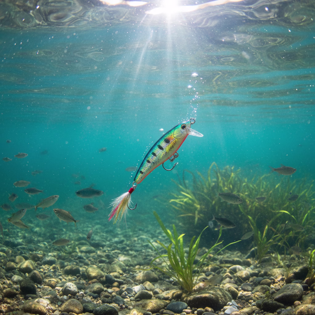 Farbiger Angelköder sinkt in klarem Wasser, beleuchtet von Sonnenstrahlen.