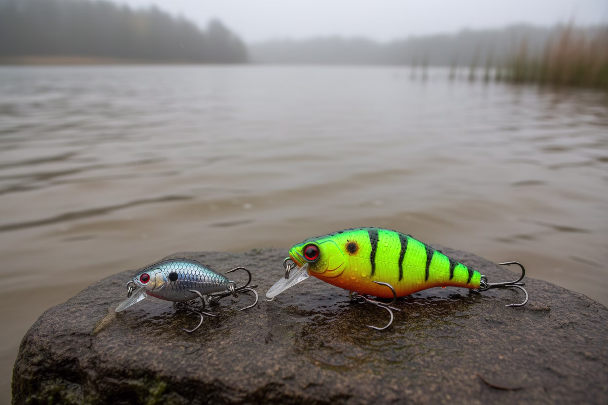Zwei Wobbler (10g, 25g) zum Vergleich auf nassem Stein am trüben Seeufer.