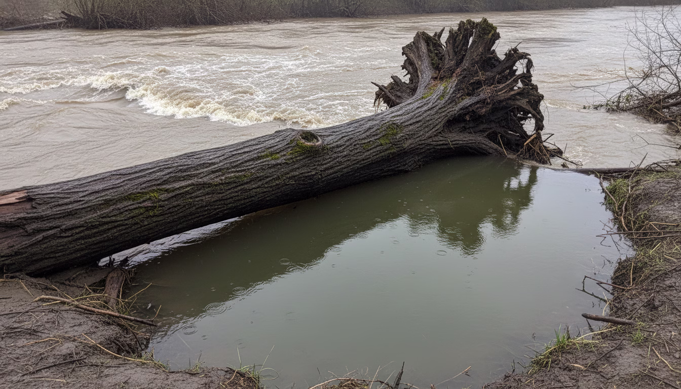 Umgestürzter Baum am reißenden Fluss mit ruhigem Kehrwasser dahinter bei Hochwasser.