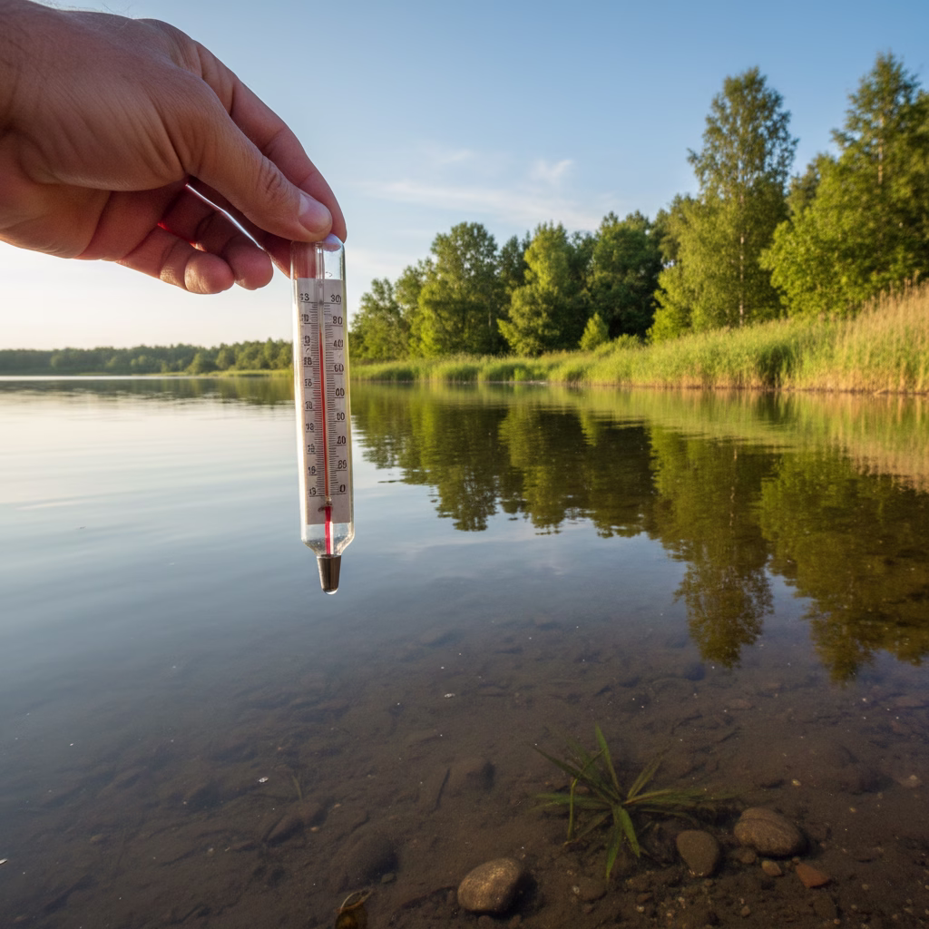 Angler misst Wassertemperatur im klaren See mit Thermometer, Uferlandschaft.