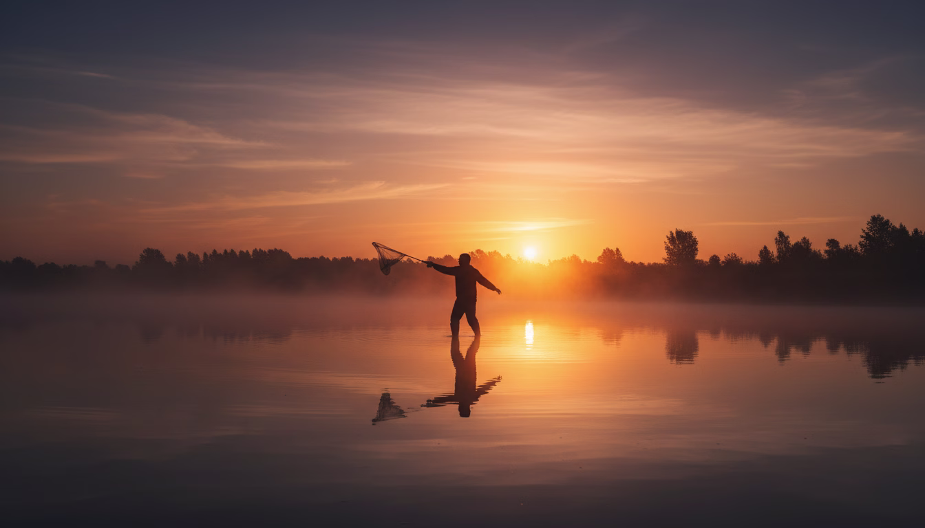 Angler-Silhouette wirft Angel bei Sonnenaufgang an nebligem See, orange-rosa Himmel.