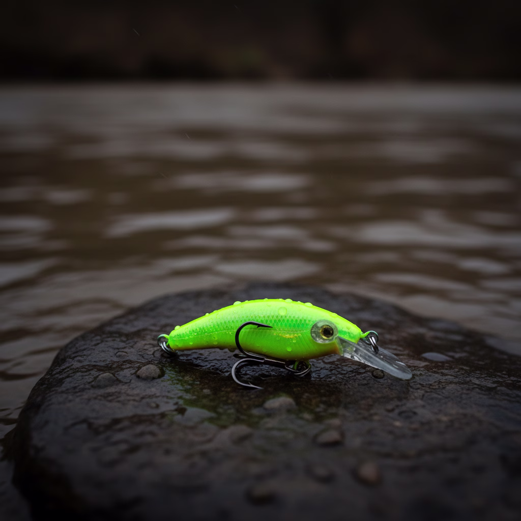 Makroaufnahme: Leuchtender chartreuse Angelköder auf nassem Stein am trüben Flussufer.