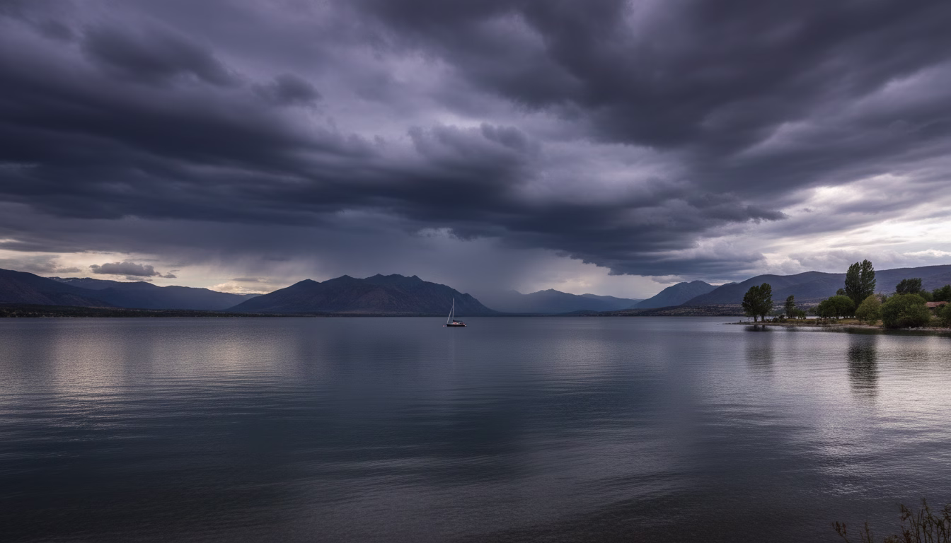 Sturmwolken über weitem See; bevorstehender Wetterwechsel.
