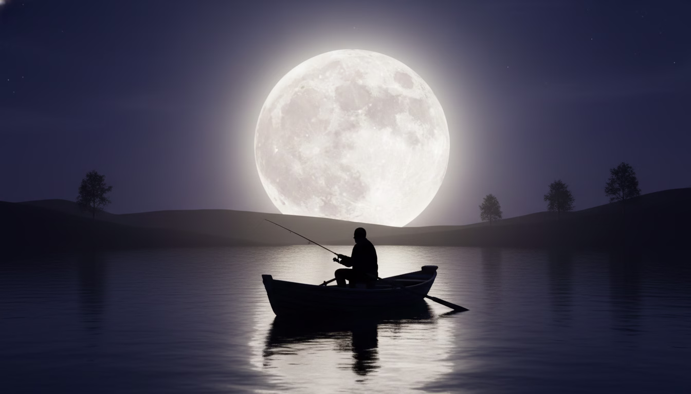 Silhouette eines Anglers im Boot auf See bei Nacht, vor leuchtendem Vollmond.
