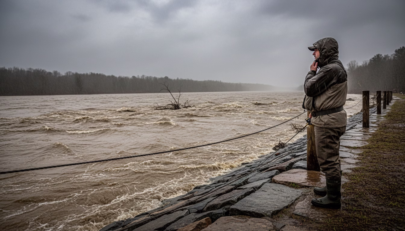 Angler blickt nachdenklich auf braunen, reißenden Hochwasserfluss.