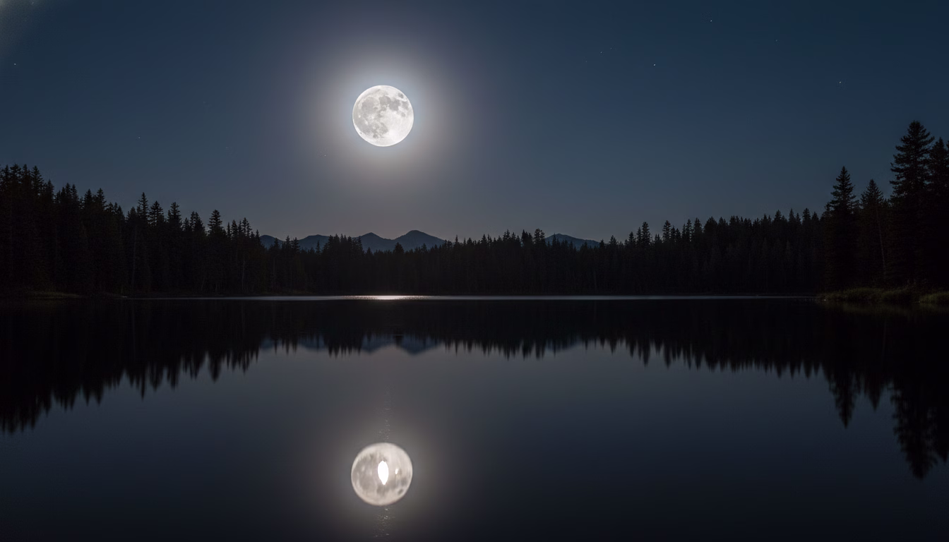 Heller Vollmond spiegelt sich nachts auf ruhigem, dunklem See.