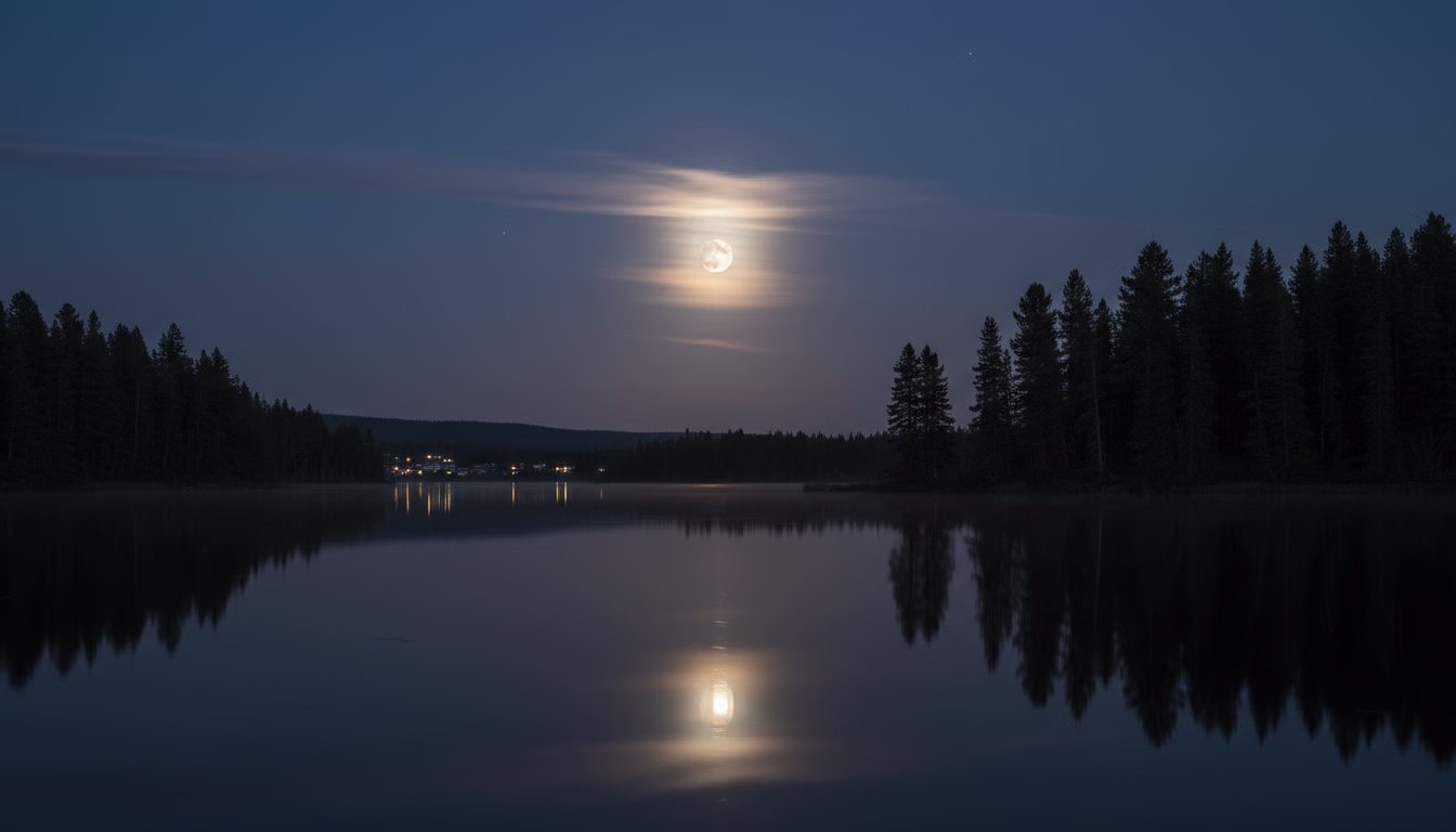 Großer, leuchtender Vollmond spiegelt sich auf ruhigem See bei Nacht.